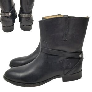 Frye Womens Lindsay Plate Short Boots Black Leather Moto Size 6.5 Straps Pull On